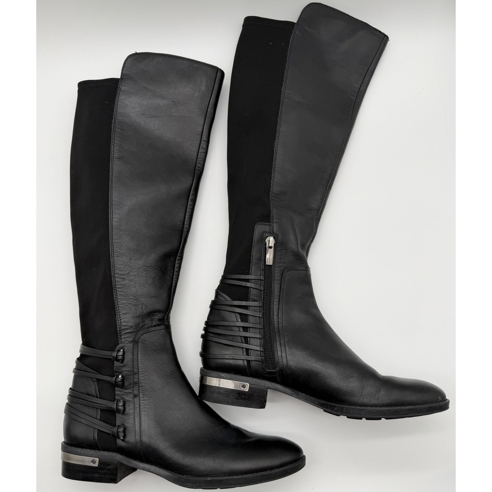 Vince Camuto Women's Paulomi Knee High Riding Boots Leather Knit Black Size 7.5